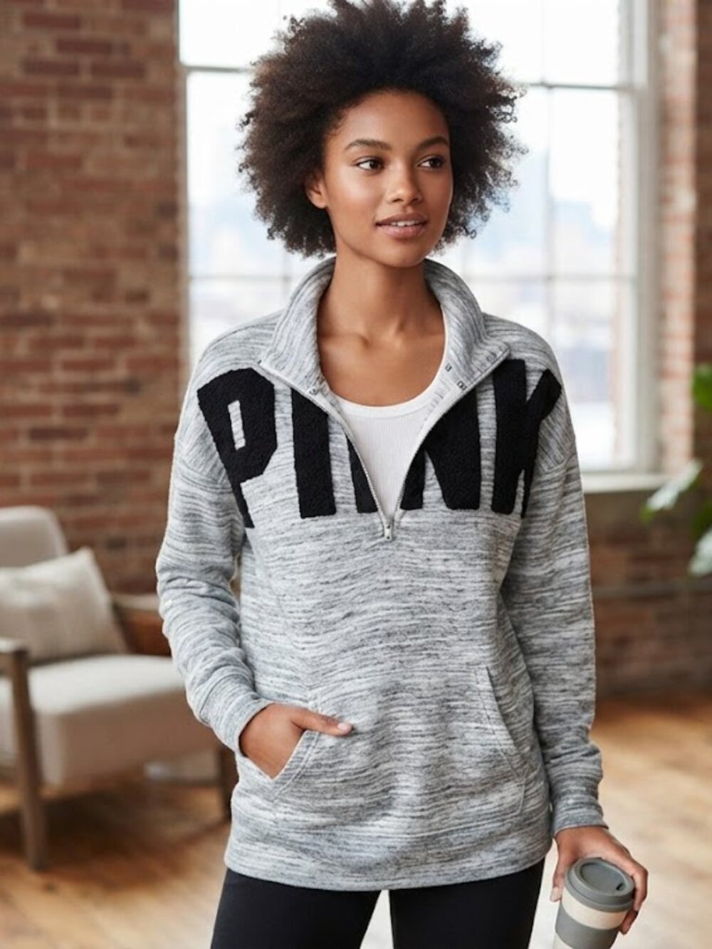 VICTORIA'S SECRET Top PINK Grey & White 1/2 Zip Sweatshirt Top Cozy Long Sleeve